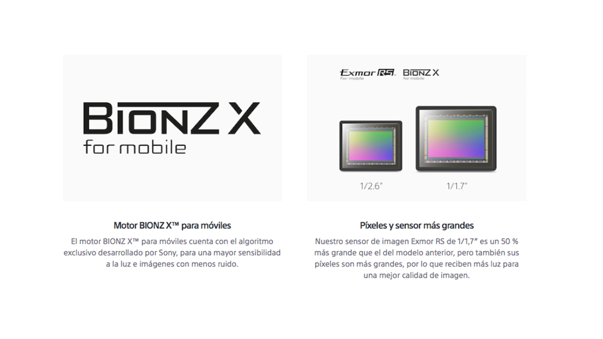 Sony destaca varias especificaciones de la cámara en algunos modelos Xperia, entre ellos el procesador Bionz para móvil.
