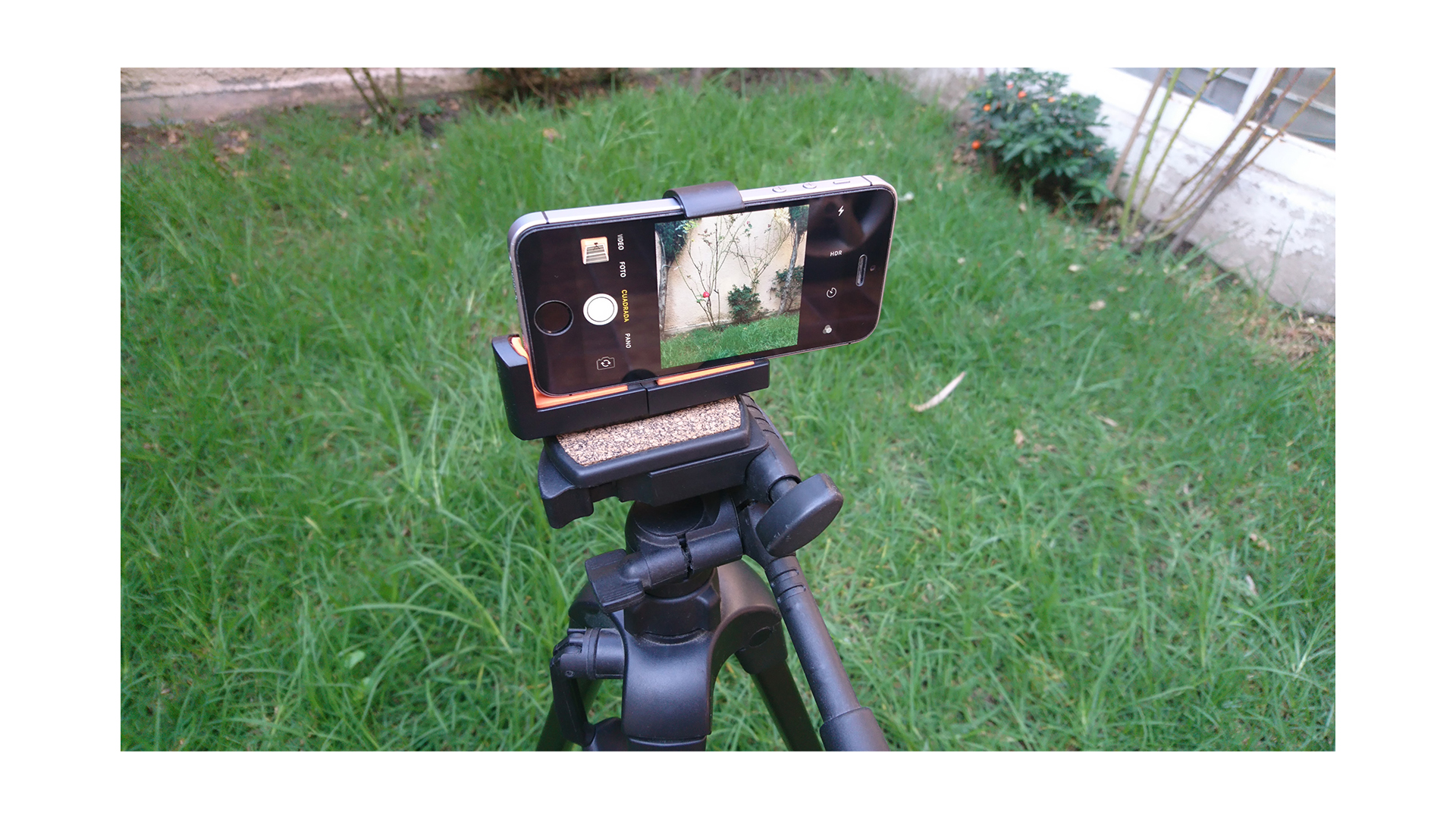 Ejemplo de cómo el adaptador Tarion se ajusta a la zapata o chancla de un tripié