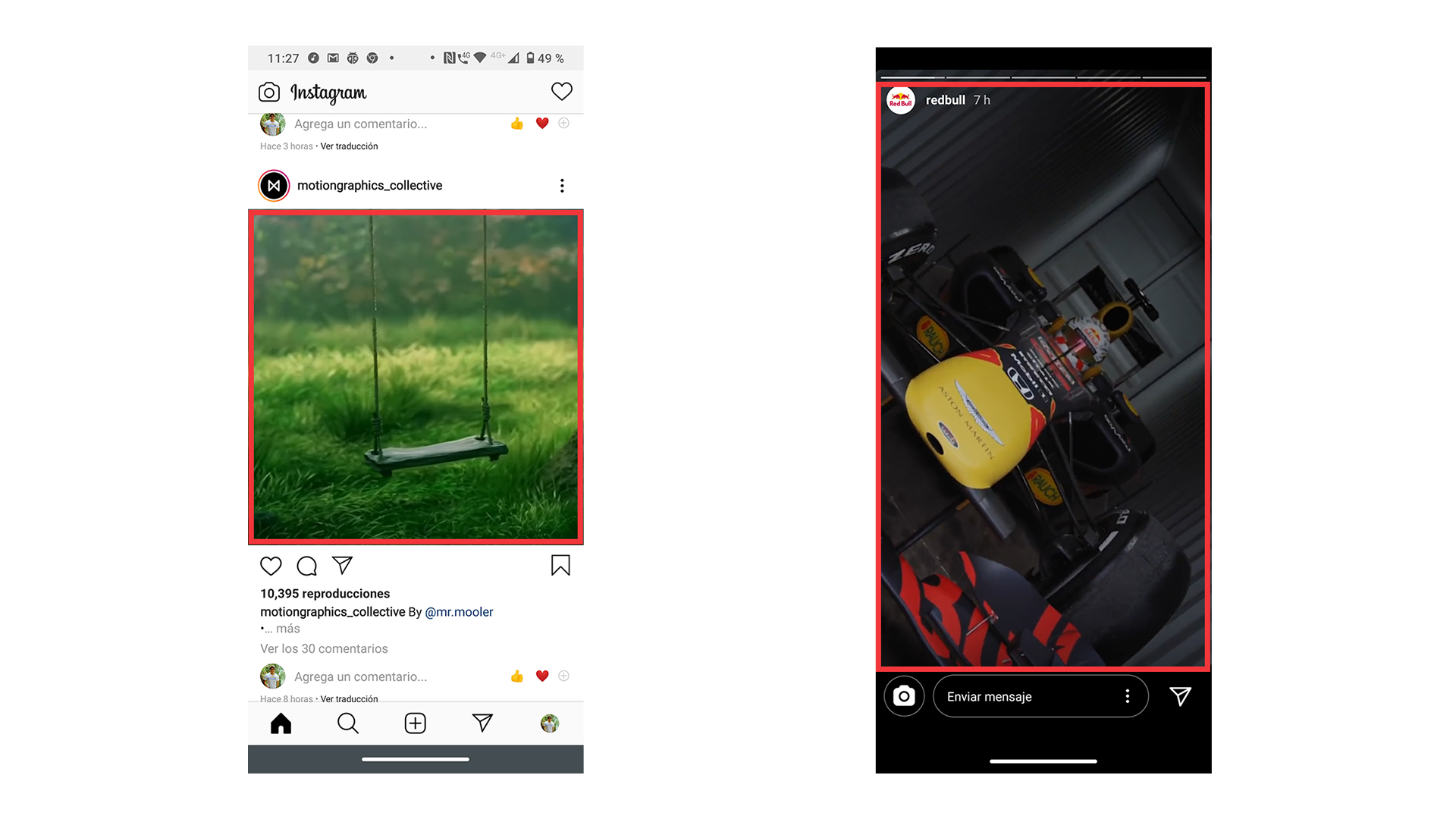 Enmarcado en rojo se muestra el formato cuadrado y rectangular vertical utilizados en los videos que se publican en redes sociales como Instagram y TikTok. 