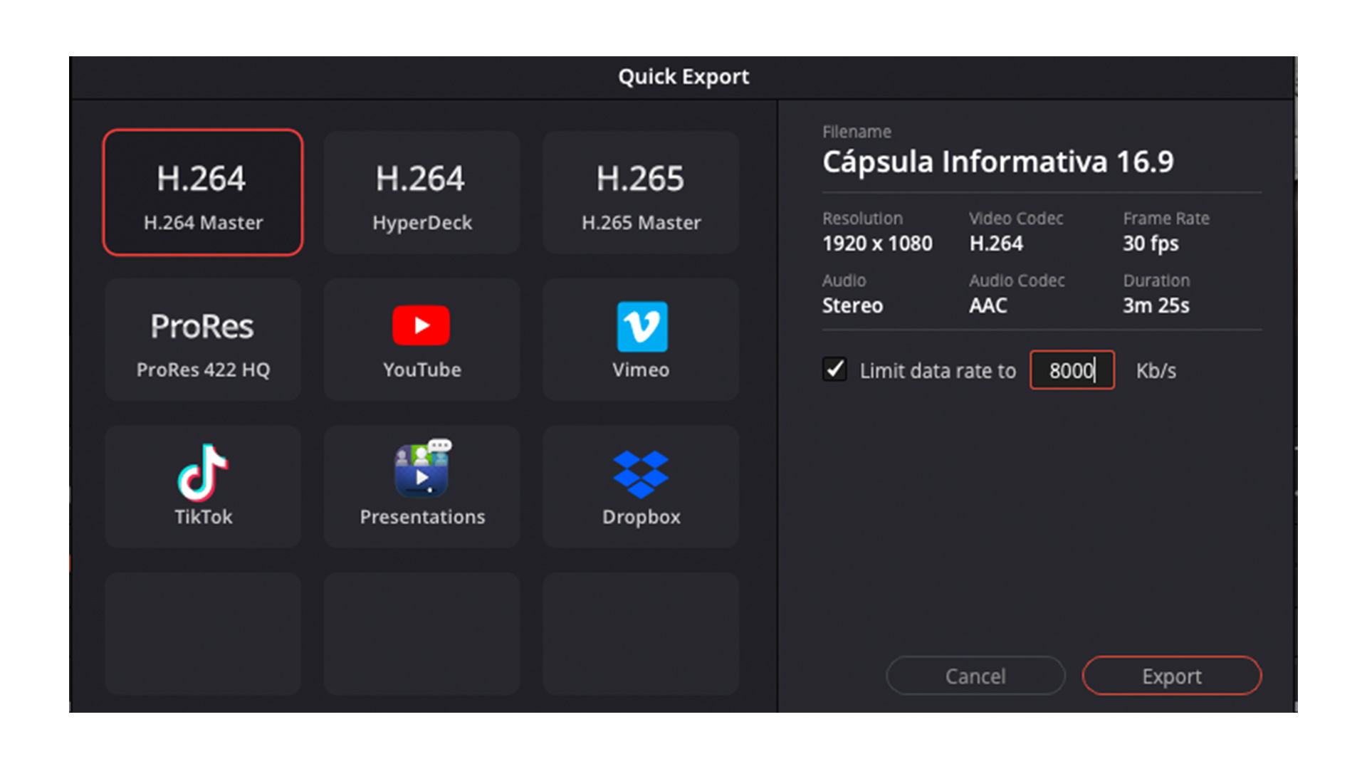 Ventana de exportación de la cápsula informativa en Davinci Resolve